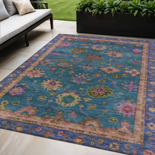 HomeRoots 5' Teal Blue and Gold Floral Area Rug - Durable, Washable Design for Indoor & Outdoor Elegance! 630136