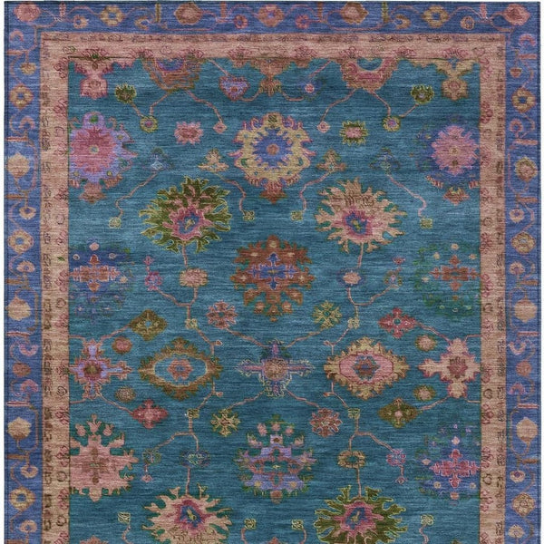 HomeRoots 5' Teal Blue and Gold Floral Area Rug - Durable, Washable Design for Indoor & Outdoor Elegance! 630136