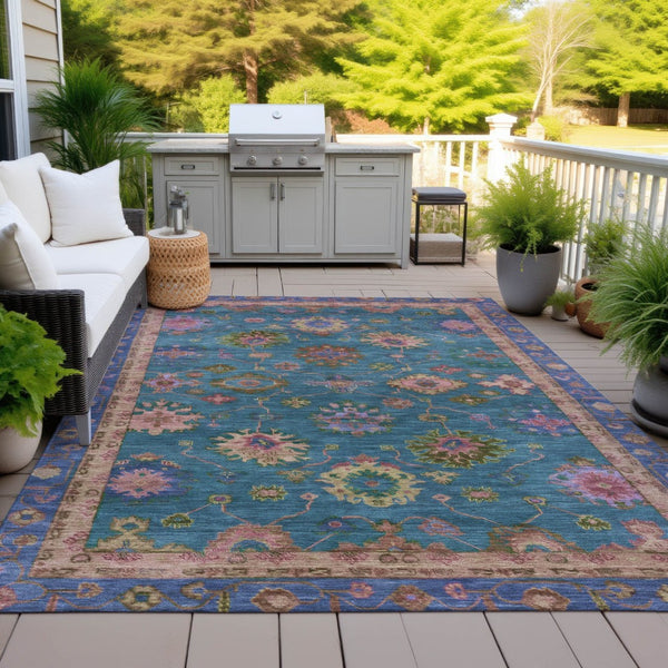 HomeRoots 5' Teal Blue and Gold Floral Area Rug - Durable, Washable Design for Indoor & Outdoor Elegance! 630136