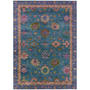 HomeRoots 5' Teal Blue and Gold Floral Area Rug - Durable, Washable Design for Indoor & Outdoor Elegance! 630136