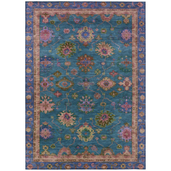 HomeRoots 5' Teal Blue and Gold Floral Area Rug - Durable, Washable Design for Indoor & Outdoor Elegance! 630136