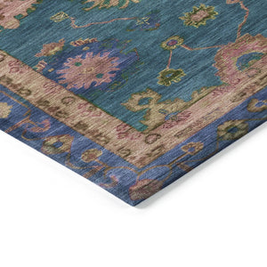 HomeRoots 5' Teal Blue and Gold Floral Area Rug - Durable, Washable Design for Indoor & Outdoor Elegance! 630136