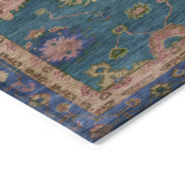 HomeRoots 5' Teal Blue and Gold Floral Area Rug - Durable, Washable Design for Indoor & Outdoor Elegance! 630136