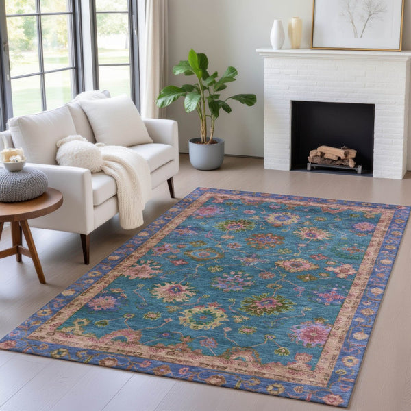 HomeRoots 5' Teal Blue and Gold Floral Area Rug - Durable, Washable Design for Indoor & Outdoor Elegance! 630136