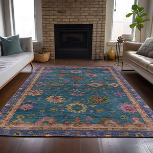 HomeRoots 5' Teal Blue and Gold Floral Area Rug - Durable, Washable Design for Indoor & Outdoor Elegance! 630136