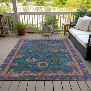 HomeRoots 5' Teal Blue and Gold Floral Area Rug - Durable, Washable Design for Indoor & Outdoor Elegance! 630136