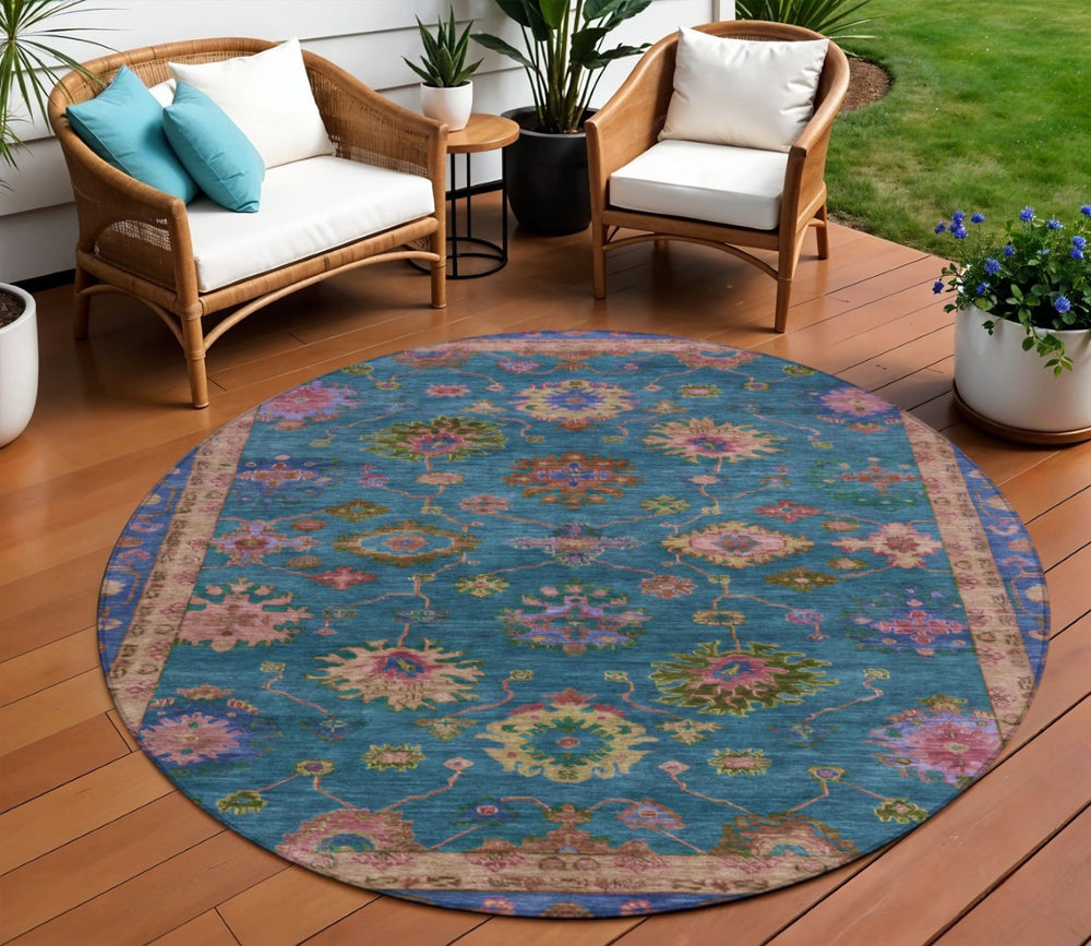 HomeRoots 8' Teal Blue and Gold Floral Washable Area Rug – Perfect for Indoor & Outdoor Spaces, Pet-Friendly Decor 630137