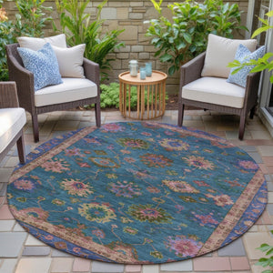 HomeRoots 8' Teal Blue and Gold Floral Washable Area Rug – Perfect for Indoor & Outdoor Spaces, Pet-Friendly Decor 630137