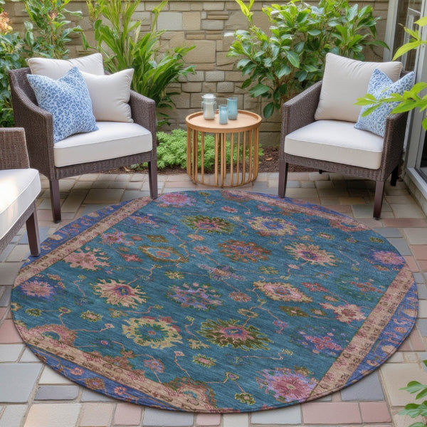 HomeRoots 8' Teal Blue and Gold Floral Washable Area Rug – Perfect for Indoor & Outdoor Spaces, Pet-Friendly Decor 630137