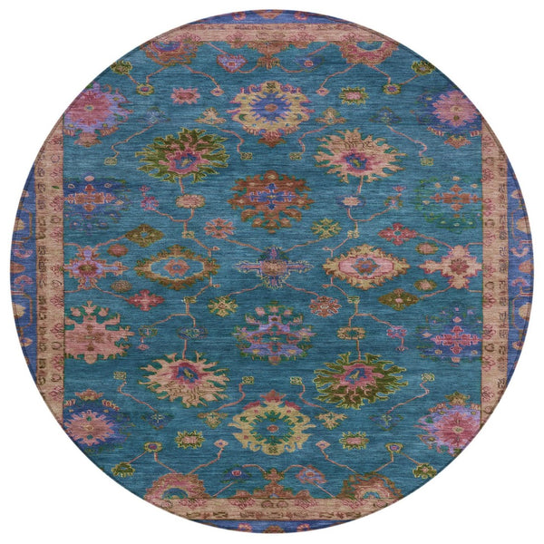 HomeRoots 8' Teal Blue and Gold Floral Washable Area Rug – Perfect for Indoor & Outdoor Spaces, Pet-Friendly Decor 630137