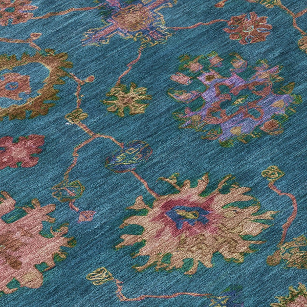 HomeRoots 8' Teal Blue and Gold Floral Washable Area Rug – Perfect for Indoor & Outdoor Spaces, Pet-Friendly Decor 630137