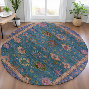 HomeRoots 8' Teal Blue and Gold Floral Washable Area Rug – Perfect for Indoor & Outdoor Spaces, Pet-Friendly Decor 630137