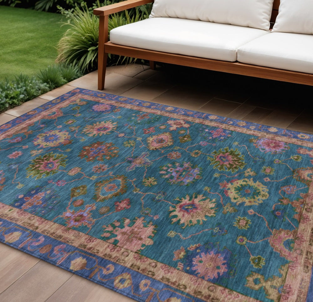 HomeRoots 8' X 10' Teal Blue and Gold Floral Area Rug - Washable, Durable, Ideal for Indoor & Outdoor Spaces 630138