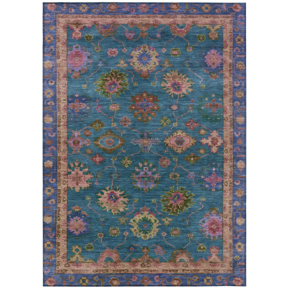 HomeRoots 8' X 10' Teal Blue and Gold Floral Area Rug - Washable, Durable, Ideal for Indoor & Outdoor Spaces 630138