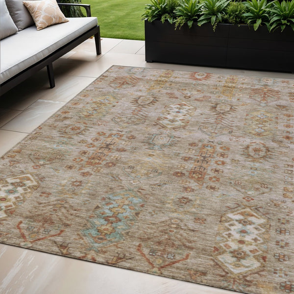 HomeRoots 5' X 8' Beige and Copper Tribal Area Rug - Washable, Durable, Indoor/Outdoor Design for High-Traffic Homes 630142