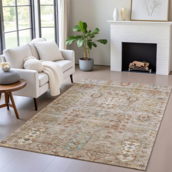 HomeRoots 5' X 8' Beige and Copper Tribal Area Rug - Washable, Durable, Indoor/Outdoor Design for High-Traffic Homes 630142