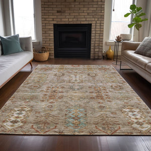 HomeRoots 5' X 8' Beige and Copper Tribal Area Rug - Washable, Durable, Indoor/Outdoor Design for High-Traffic Homes 630142