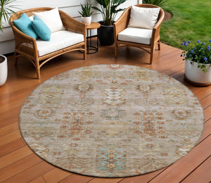 HomeRoots 8' Beige and Copper Round Tribal Area Rug - Stylish, Washable, Indoor/Outdoor, Durable for High-Traffic Spaces 630143