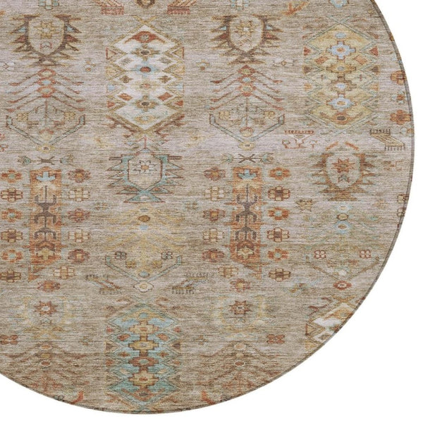 HomeRoots 8' Beige and Copper Round Tribal Area Rug - Stylish, Washable, Indoor/Outdoor, Durable for High-Traffic Spaces 630143