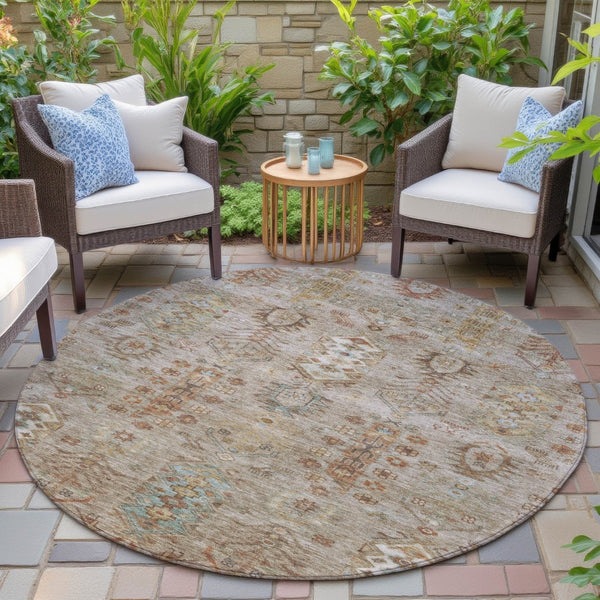 HomeRoots 8' Beige and Copper Round Tribal Area Rug - Stylish, Washable, Indoor/Outdoor, Durable for High-Traffic Spaces 630143