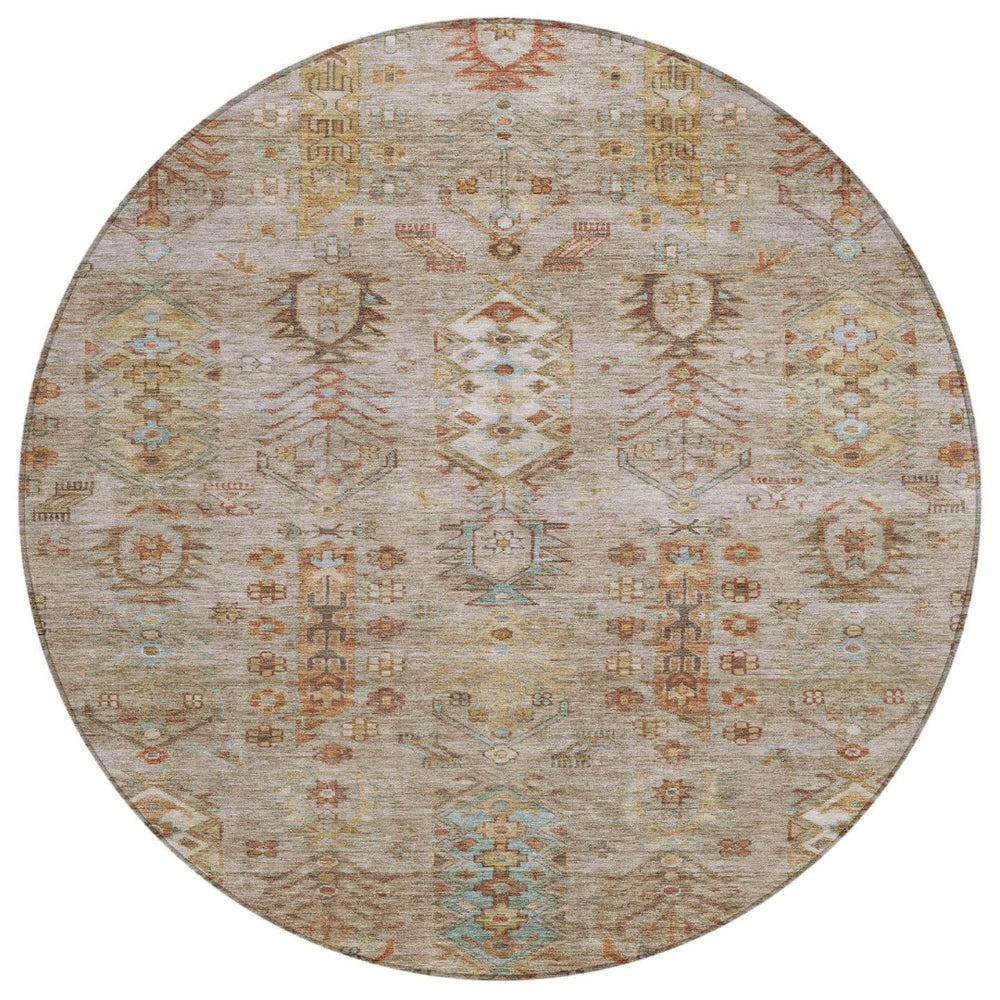 HomeRoots 8' Beige and Copper Round Tribal Area Rug - Stylish, Washable, Indoor/Outdoor, Durable for High-Traffic Spaces 630143