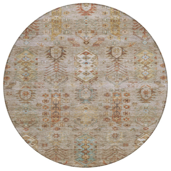 HomeRoots 8' Beige and Copper Round Tribal Area Rug - Stylish, Washable, Indoor/Outdoor, Durable for High-Traffic Spaces 630143