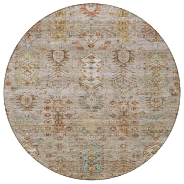 HomeRoots 8' Beige and Copper Round Tribal Area Rug - Stylish, Washable, Indoor/Outdoor, Durable for High-Traffic Spaces 630143