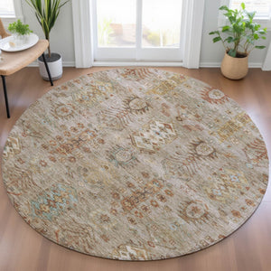HomeRoots 8' Beige and Copper Round Tribal Area Rug - Stylish, Washable, Indoor/Outdoor, Durable for High-Traffic Spaces 630143
