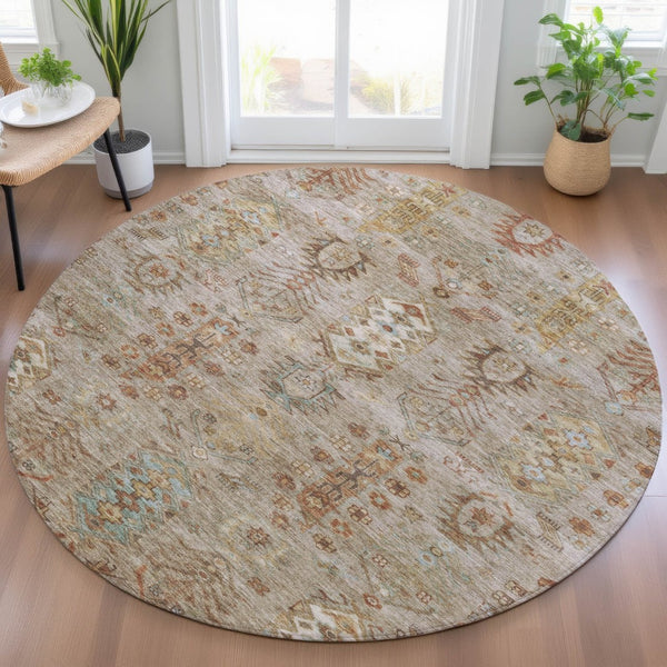 HomeRoots 8' Beige and Copper Round Tribal Area Rug - Stylish, Washable, Indoor/Outdoor, Durable for High-Traffic Spaces 630143