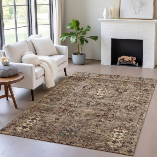 HomeRoots 5' X 8' Brown and Copper Tribal Rug - Durable, Washable Design for Indoor & Outdoor Spaces! 630148