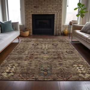HomeRoots 5' X 8' Brown and Copper Tribal Rug - Durable, Washable Design for Indoor & Outdoor Spaces! 630148