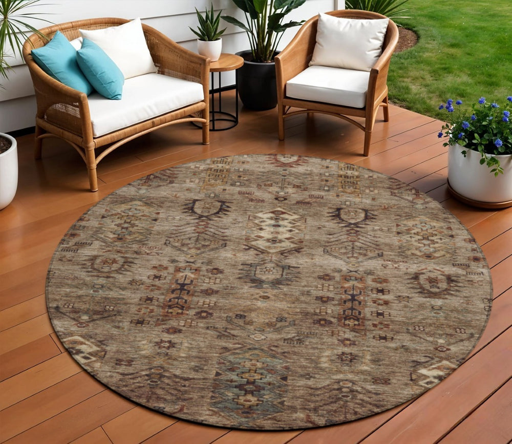 HomeRoots 8' Brown and Copper Round Tribal Area Rug - Durable, Washable, Indoor-Outdoor Design for Versatile Spaces 630149