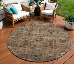 HomeRoots 8' Brown and Copper Round Tribal Area Rug - Durable, Washable, Indoor-Outdoor Design for Versatile Spaces 630149