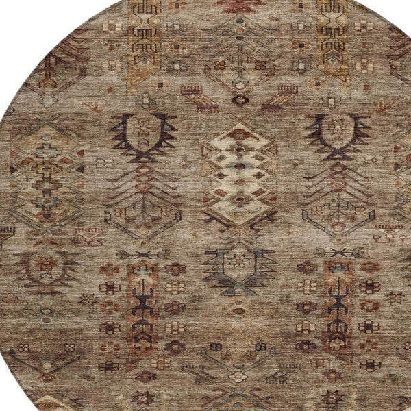 HomeRoots 8' Brown and Copper Round Tribal Area Rug - Durable, Washable, Indoor-Outdoor Design for Versatile Spaces 630149