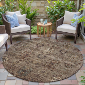 HomeRoots 8' Brown and Copper Round Tribal Area Rug - Durable, Washable, Indoor-Outdoor Design for Versatile Spaces 630149