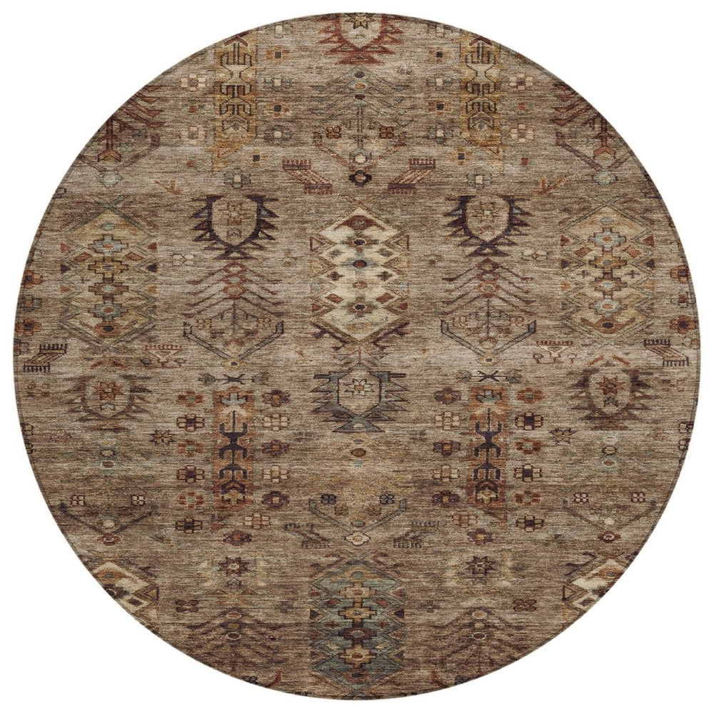 HomeRoots 8' Brown and Copper Round Tribal Area Rug - Durable, Washable, Indoor-Outdoor Design for Versatile Spaces 630149