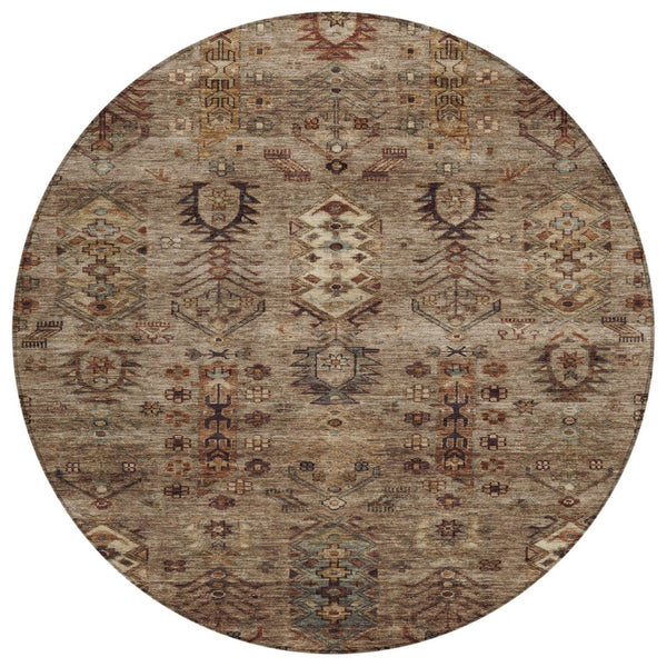 HomeRoots 8' Brown and Copper Round Tribal Area Rug - Durable, Washable, Indoor-Outdoor Design for Versatile Spaces 630149