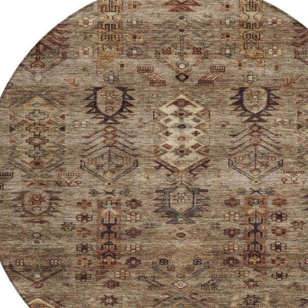 HomeRoots 8' Brown and Copper Round Tribal Area Rug - Durable, Washable, Indoor-Outdoor Design for Versatile Spaces 630149