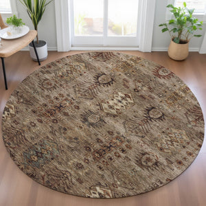 HomeRoots 8' Brown and Copper Round Tribal Area Rug - Durable, Washable, Indoor-Outdoor Design for Versatile Spaces 630149