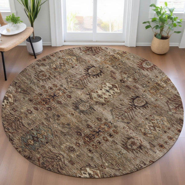 HomeRoots 8' Brown and Copper Round Tribal Area Rug - Durable, Washable, Indoor-Outdoor Design for Versatile Spaces 630149