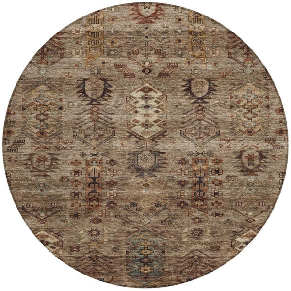HomeRoots 8' Brown and Copper Round Tribal Area Rug - Durable, Washable, Indoor-Outdoor Design for Versatile Spaces 630149