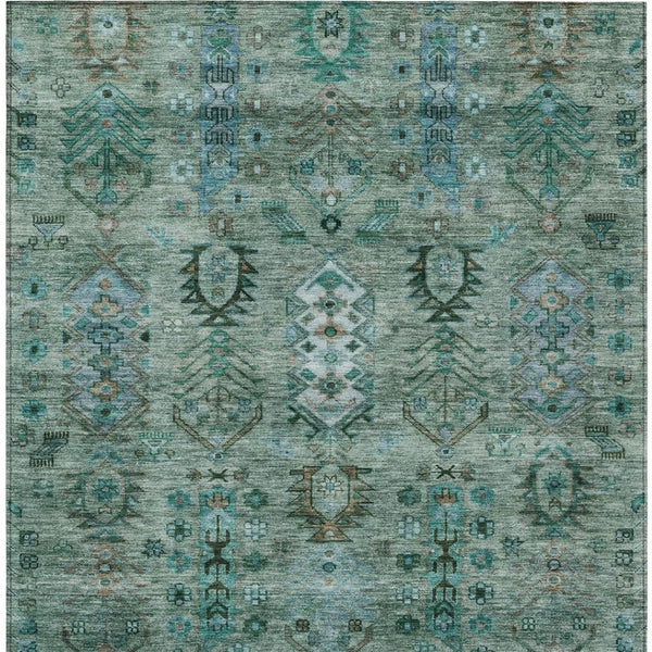 HomeRoots 5' X 8' Green & Teal Tribal Area Rug - Washable, Stain-Resistant, Indoor/Outdoor Durable Design! 630154