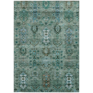 HomeRoots 5' X 8' Green & Teal Tribal Area Rug - Washable, Stain-Resistant, Indoor/Outdoor Durable Design! 630154