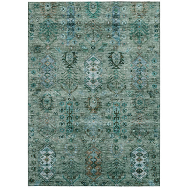 HomeRoots 5' X 8' Green & Teal Tribal Area Rug - Washable, Stain-Resistant, Indoor/Outdoor Durable Design! 630154
