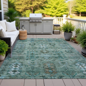 HomeRoots 5' X 8' Green & Teal Tribal Area Rug - Washable, Stain-Resistant, Indoor/Outdoor Durable Design! 630154