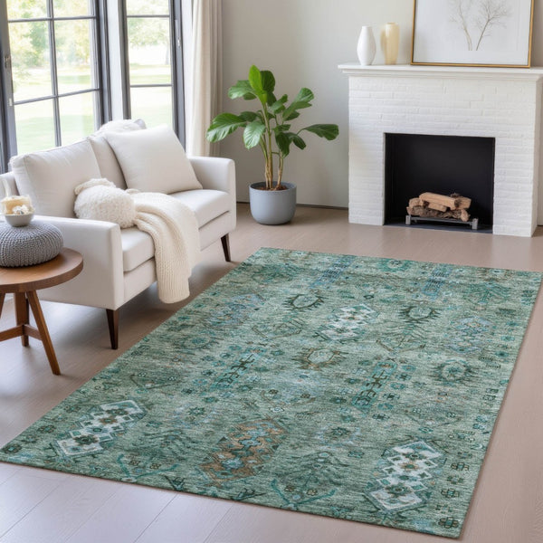 HomeRoots 5' X 8' Green & Teal Tribal Area Rug - Washable, Stain-Resistant, Indoor/Outdoor Durable Design! 630154