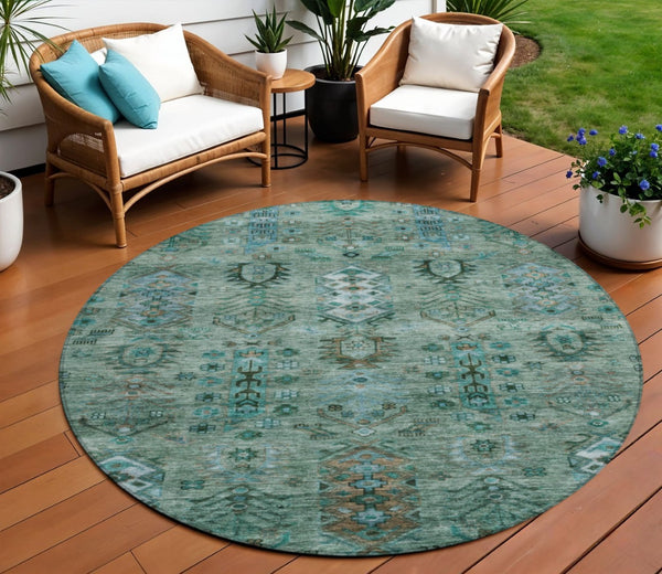 HomeRoots 8' Vibrant Green and Teal Round Tribal Area Rug – Washable, Indoor/Outdoor, Durable & Stylish Decor 630155