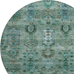 HomeRoots 8' Vibrant Green and Teal Round Tribal Area Rug – Washable, Indoor/Outdoor, Durable & Stylish Decor 630155