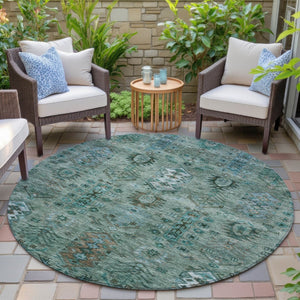 HomeRoots 8' Vibrant Green and Teal Round Tribal Area Rug – Washable, Indoor/Outdoor, Durable & Stylish Decor 630155