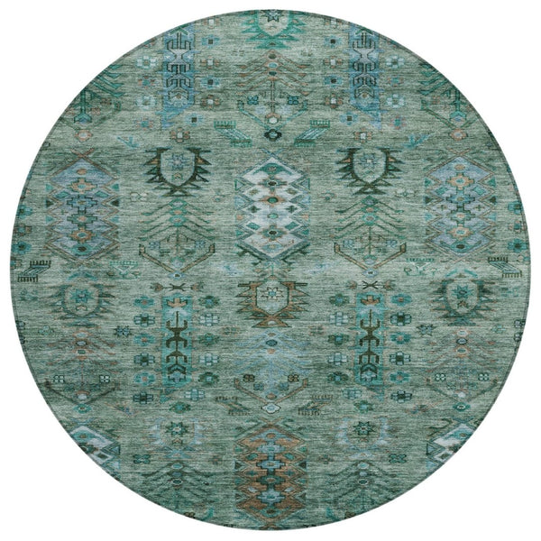 HomeRoots 8' Vibrant Green and Teal Round Tribal Area Rug – Washable, Indoor/Outdoor, Durable & Stylish Decor 630155